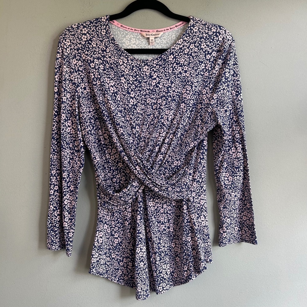 Juicy‎ Couture Navy Pink Floral Twisted Waist Long Sleeve Top XS RN123475